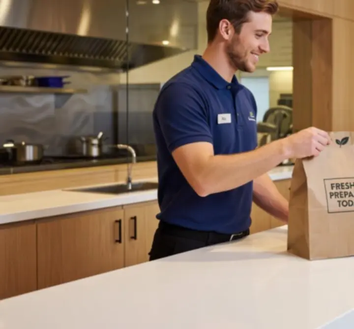 Team member handing over a takeaway order quickly