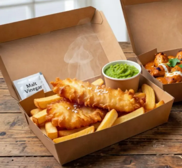 Selection of featured takeaway meals packed and ready for collection