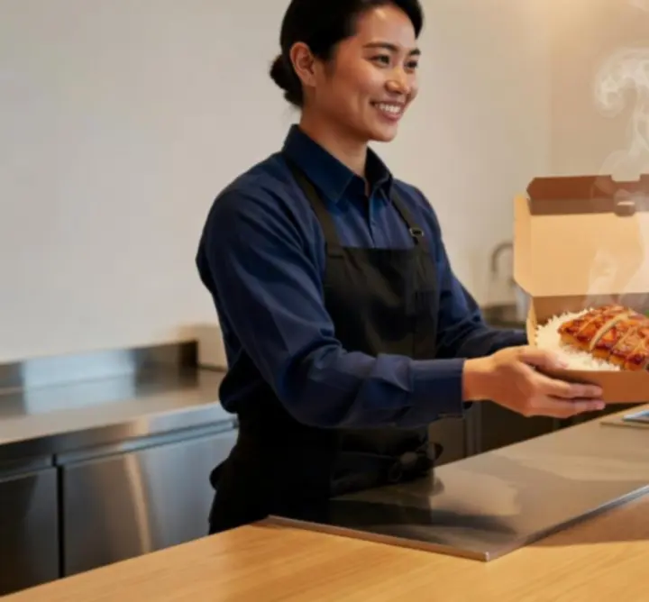 Freshly prepared takeaway food being handed to a customer