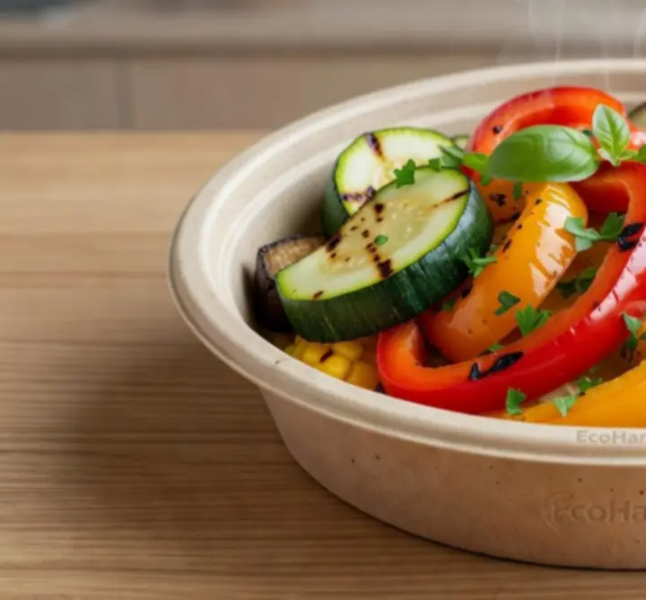 Grilled vegetable bowl with grains and colourful toppings in a takeaway container.