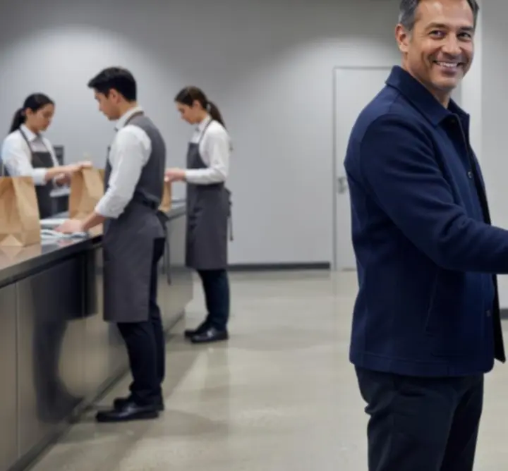 Customer placing a takeaway order at a self-service kiosk