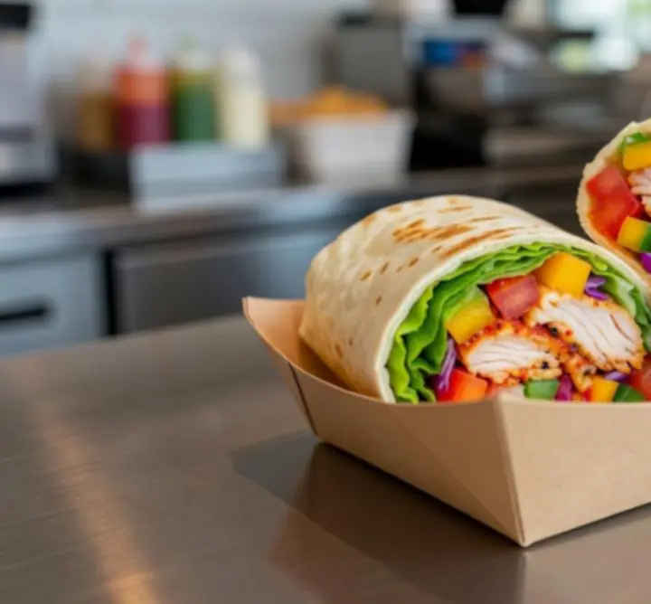 Spicy chicken wrap cut in half, showing fresh salad and sauce inside.