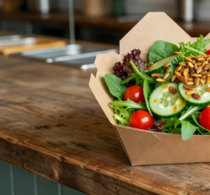 Colourful salad box with fresh greens and toppings, ready for takeaway.