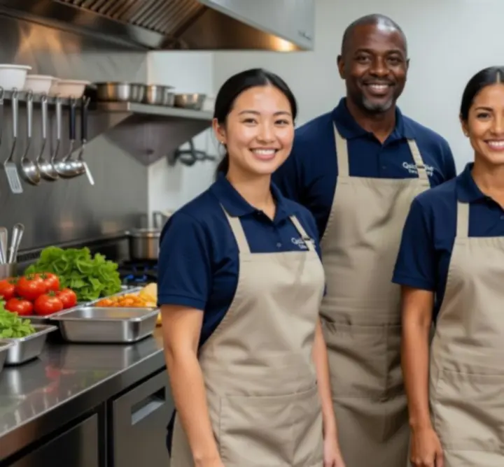 Smiling, diverse takeaway team ready to serve customers